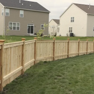 spaced wood fence wrapping around a backyard
